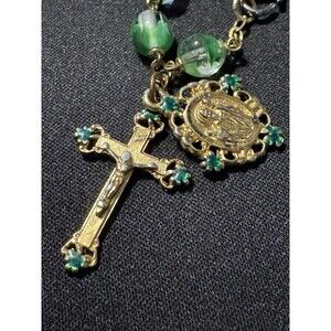 Glass Bead 2 Charms Cross & Mother Mary Gold Tone Lobster Clasp Bracelet